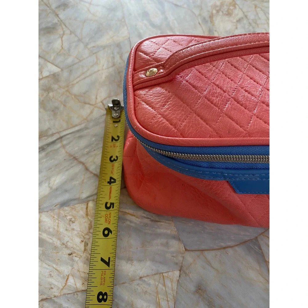 Sephora Quilted Makeup Bag Coral Pink Blue Trim Zippered Travel Train Case